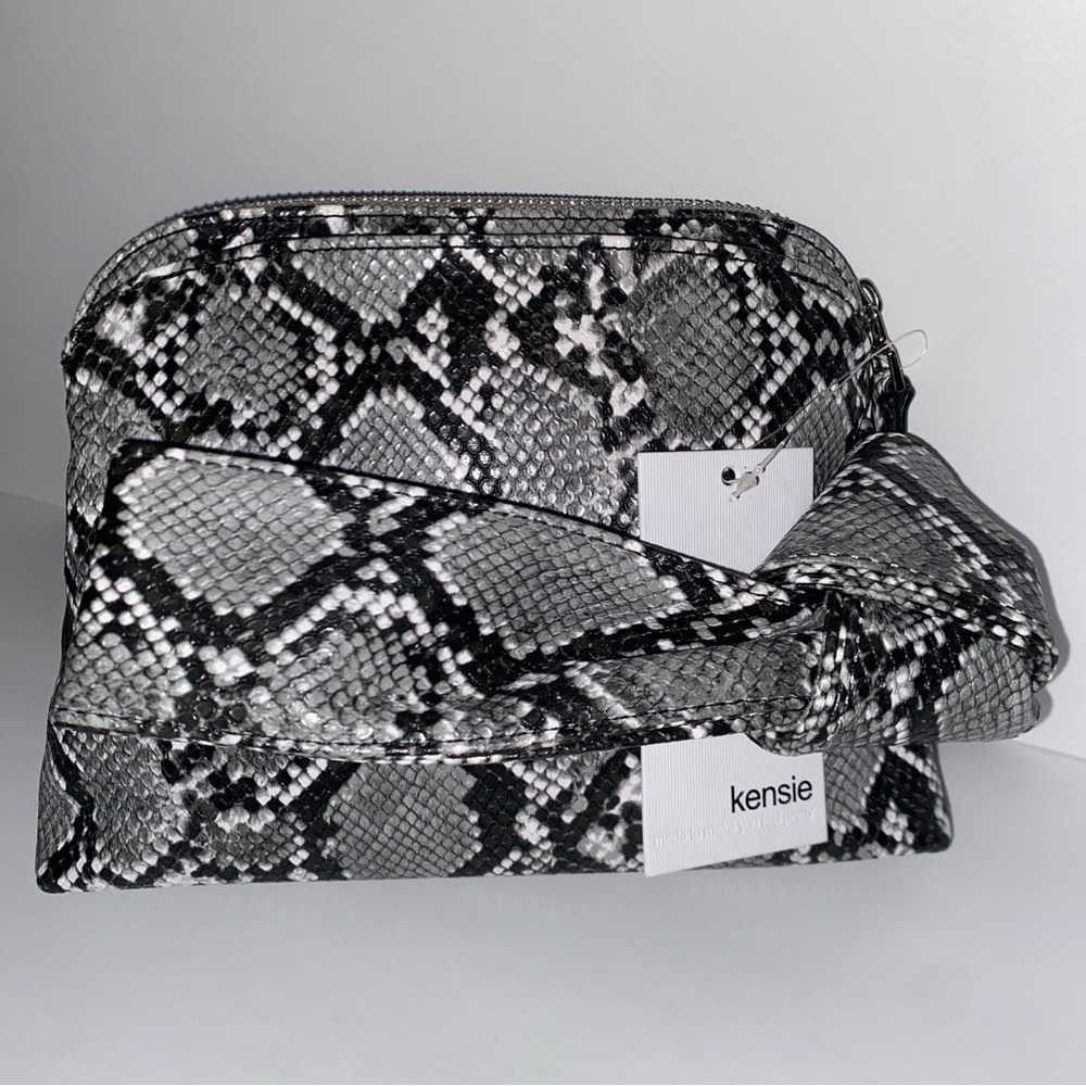 Kenise Faux leather handbag with gray,black and white snake print.